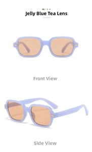 Detail view of purple jelly frames and amber lenses on hip hop rectangle sunglasses