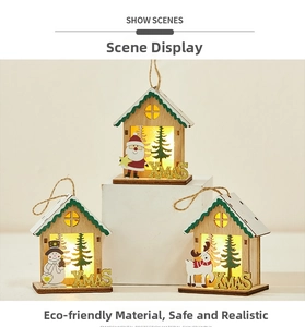 Three illuminated wooden Christmas house ornaments with Santa, Snowman and Reindeer