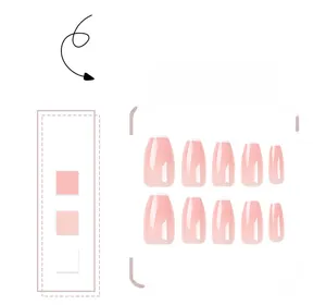 Detailed set of 10 French tip coffin fake nails with pink gradient and glossy finish