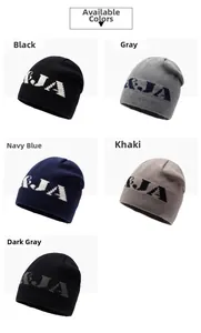 Detailed display of five colors of thick knit beanies with &.JA lettering logo