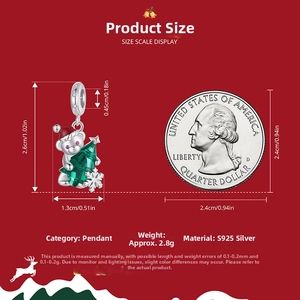 Detailed size chart of S925 silver Christmas bear pendant with green zircon tree