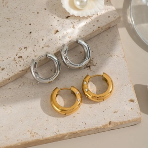 Classic C-shaped stainless steel hoop earrings with cubic zirconia on natural stone