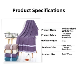 Detail view of cotton bath towels in cream and purple colors with soft striped texture