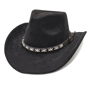 Close-up of black suede cowboy hat with stitched leather band and bronze buckle