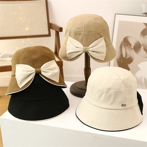 Women stylish wide brim bucket hat with large bow and contrast trim in multiple colors