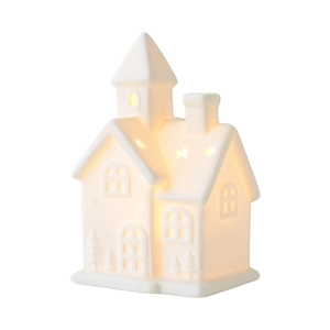 Nordic white ceramic Christmas house ornament with warm LED glow and star cutouts