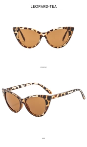 Detailed views of leopard print cat-eye sunglasses with tea lenses from front and side angles