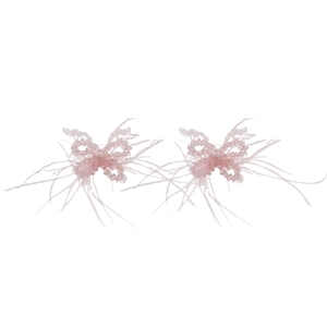 Pink beaded bow sweater necklace with elegant feather tassels and crystal resin accents