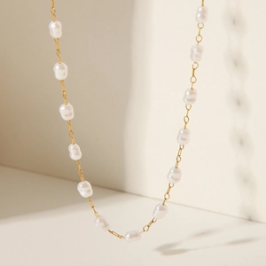 French vintage 18K gold plated stainless steel necklace with irregular white pearls