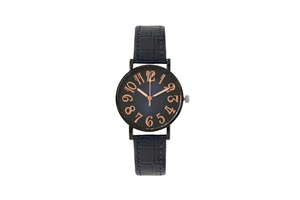 Detail of blue gradient watch dial with rose gold numerals and crocodile pattern strap