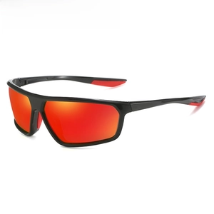 Macro shot of sporty sunglasses featuring red-yellow mirrored lenses and black frame