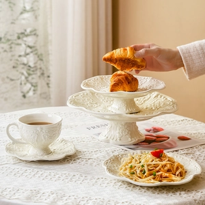 Vintage European embossed ceramic afternoon tea set with cream white tiered cake stand