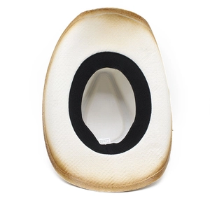 Detail view of straw cowboy hat interior showing the black sweatband and 100% paper label