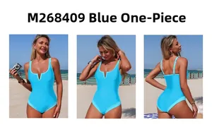Three-way view of blue one-piece swimsuit M268409 without belt on a sunny beach