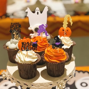 Glitter Halloween cupcake toppers set featuring witch hat ghost and pumpkin motifs