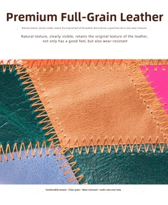 Gros plan de panneaux en cuir véritable multicolores avec des surpiqûres orange contrastées