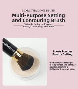 Detail showing retractable makeup brush with brown gradient bristles for powder and blush