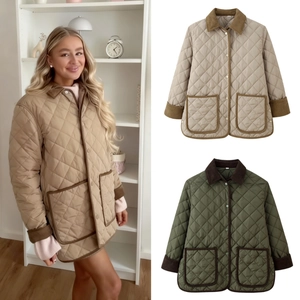 Veste Matelassée Pour Femmes Polyester Coton Motif Diamant Col En Velours Côtelé Boutonné Manteau Vintage Décontracté