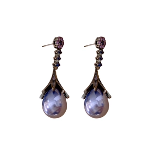 Vintage French style drop earrings with purple flower studs and teardrop pearls