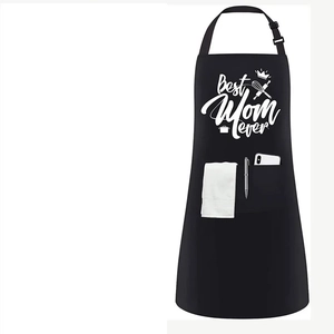 Detail of Best Mom Ever apron featuring chef utensil prints and a front tool pocket