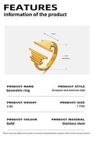 Detailed spec view of a 18K gold-plated geometric stainless steel open ring with 2.8g weight