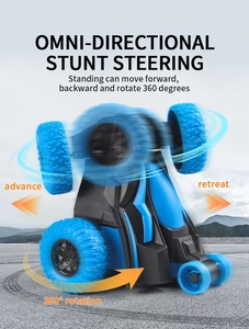 Détail d'une voiture télécommandée bleue montrant la rotation à 360 degrés et les pneus