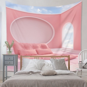 Detailed interior 3D view of a pink minimalist tapestry showing sofa and arch window view