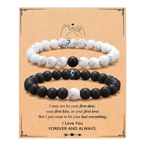 Soulmate beaded couple bracelets with white turquoise and black matte agate on gift card