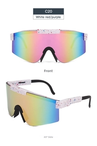 Close-up of C20 white sports sunglasses with red splatter and rainbow mirrored lenses