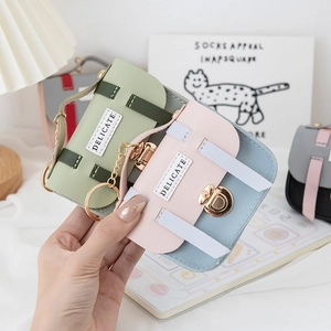 Mini Cambridge-style PU leather coin purse with key ring in pastel color-block design