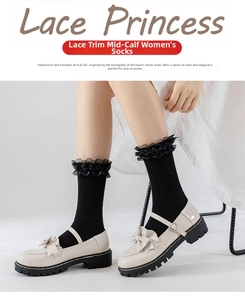 Close-up of black mid-calf socks with double-layered lace trim and Mary Jane shoes