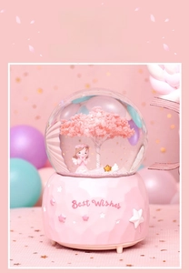 Detail of pink cherry blossom crystal ball with musical base and Best Wishes inscription