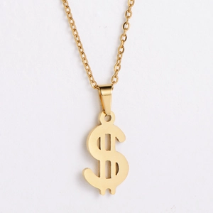 Polished gold dollar sign pendant necklace with sleek link chain on white background