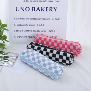 Checkered Knitted Pencil Case Large Capacity Zipper Stationery Organizer Pouch For Students Korean Style Office