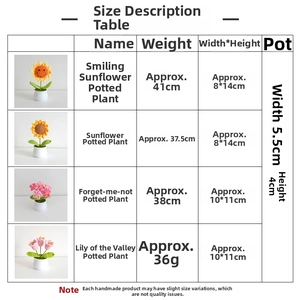 Handmade crochet sunflower, forget-me-not and lily of the valley potted plants size chart.