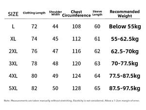 Detailed size chart for men hooded winter jacket showing length bust and weight guide