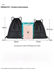 Detailed comparison of two black oxford drawstring backpacks in small and large sizes