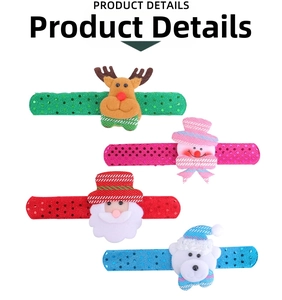 Detailed view of four Christmas slap bracelets featuring reindeer, snowman, and Santa