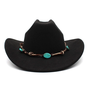 Detail of black cowboy hat featuring turquoise bead band and rustic metallic chain accents