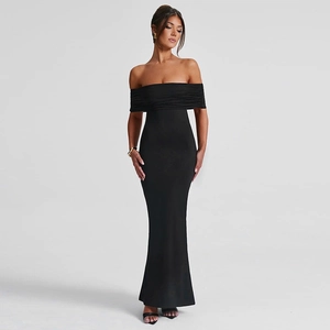 Close-up of the elegant ruched chest detail on this black off-shoulder evening dress
