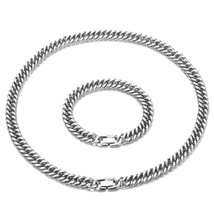 Mens stainless steel silver curb chain necklace and bracelet set with box clasp