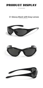 Detail view of black Y2K sports sunglasses featuring model 95215 and CE certification mark