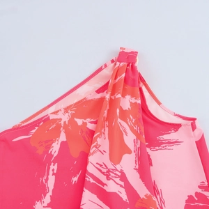 Pink floral one-shoulder summer dress with abstract flower print and knotted strap detail