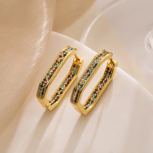 Macro view of gold-plated rectangular hoop earrings with multicolor zircon micro-paving