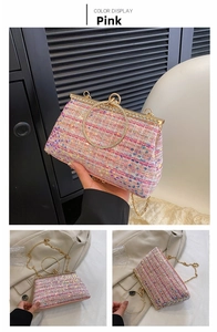 Detailed view of pink sequin weave evening bag with gold ring handle and crystal trim