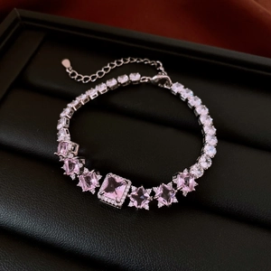 Detailed close-up of S925 sterling silver bracelet featuring pink and white zircons