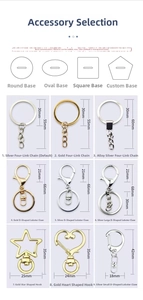 Detailed view of custom acrylic keychain hardware options and stand base specifications