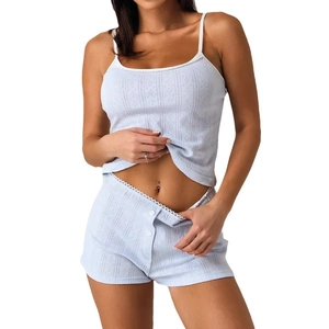 Women's light blue pointelle knit camisole and shorts two-piece summer pajama set