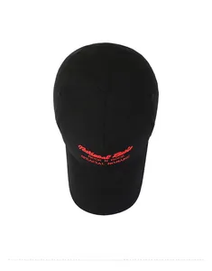 Detailed top view of a black baseball cap featuring red National Basic 3D embroidery