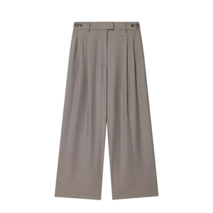 Women's gray wide-leg suit trousers with double pleated waist and a straight drape cut